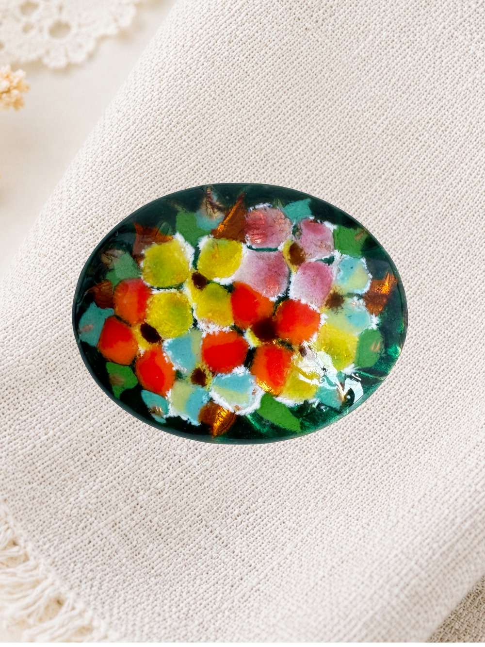 Vintage Japanese Cloisonne Floral Brooch Multicolor Enamel Oval Pin Wearable Art
